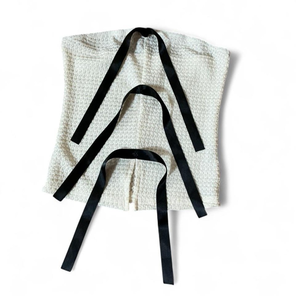 Textured Cream‎ Coquette Strapless Tube Top with Black Satin Ribbon Back Ties